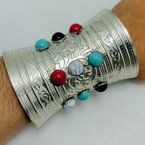 single Boho Cuff Kuchi Cuff Bracelet With Multicolor Stones - Picture 1 of 7